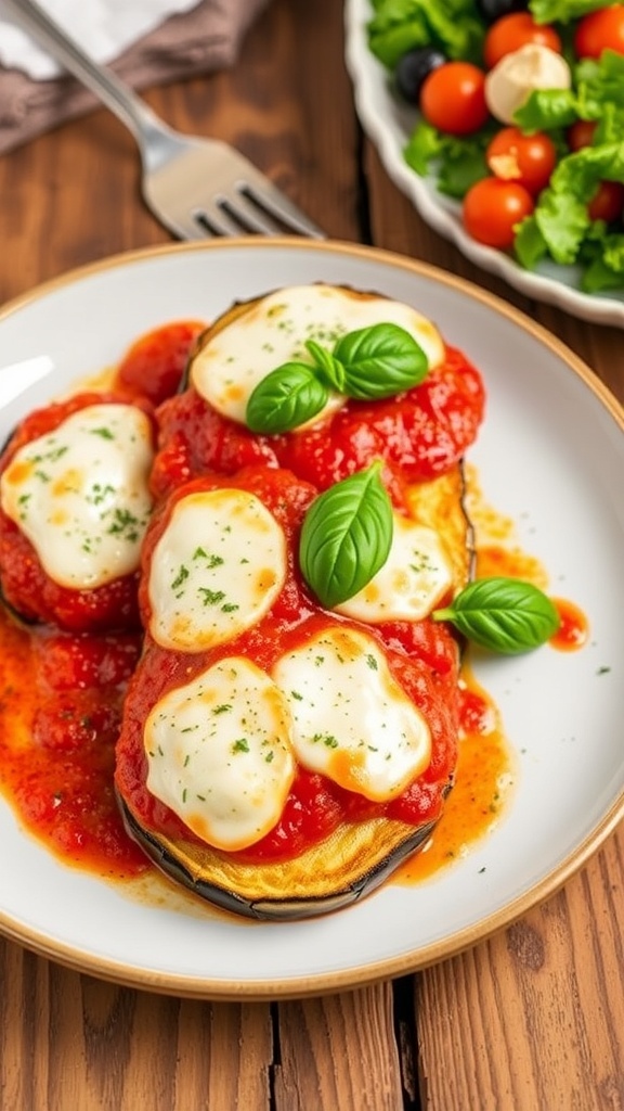 Healthy Air Fryer Eggplant Parmesan Recipe Healthy air fryer eggplant parmesan with crispy eggplant, marinara sauce, and melted cheese, garnished with basil.